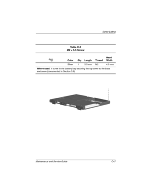 Page 136Screw Listing
Maintenance and Service GuideC–7
Ta b l e C - 3
M2 × 5.5 Screw
Color Qty Length ThreadHead
Width
Silver 1 5.5 mm M2 4.0 mm
Where used: 1 screw in the battery bay securing the top cover to the base
enclosure (documented in Section 5.9) 