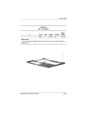 Page 146Screw Listing
Maintenance and Service GuideC–17
Ta b l e C - 9
M1 × 4.0 Screw
Color Qty Length ThreadHead
Width
Silver 1 4.0 mm M1 3.0 mm
Where used:
1 screw securing the display lid switch board to the top cover (documented in
Section 5.13) 