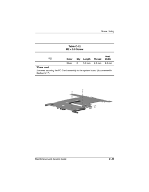 Page 150Screw Listing
Maintenance and Service GuideC–21
Ta b l e C - 1 2
M2 × 5.0 Screw
Color Qty Length ThreadHead
Width
Silver 2 5.0 mm 2.0 mm 4.0 mm
Where used:
2 screws securing the PC Card assembly to the system board (documented in
Section 5.17) 