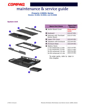 Page 1252 PARTS CATALOGPRESARIO NOTEBOOK MAINTENANCE AND SERVICE GUIDE 1200XL SERIES
Presario 1200XL Series
Models: XL300, XL300A, and XL300B
System Unit
To order parts, refer to  later in
this chapter.
Spare Part ItemsSpare Part 
Number
1Button Board CoverDoes part# 
exist.
2Keyboard222147-001
3Palmrest with Touchpad 
Button Board222137-001
4Upper CPU Cover222143-001
5Speakers with Enclosure 222144-001
6Enclosure Base222134-001
7Battery Packs
Li-ion enhanced 3.2 Ahr
Li-ion enhanced 3.6 Ahr
Ni-MH enhanced 3.8...