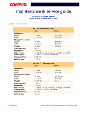 Page 196 SPECIFICATIONS PRESARIO NOTEBOOK MAINTENANCE AND SERVICE GUIDE 1200XL SERIES
Presario 1200XL Series
Model XL300, XL300A, and XL300B
Display Information
12.1 in. HPA Display Panel
U.S.Metric
Dimensions
Height
Width
7.97 in.
10.82 in.20.25 cm
27.5 cm
Display Dimensions
Height
Width9.73 in.
12.36 in.24.715 cm
31.4 cm
Weight2.3 lbs1.045 kg
Contrast Ratio40:1
Brightness100 nits
Total Power 
Consumption1.2 to 1.5 W typ (Assuming backlight current of 
5.0 mA, or 100 nits luminance)
Response Time150 ms
Refresh...