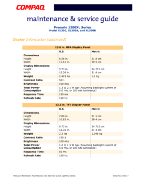 Page 20PRESARIO NOTEBOOK MAINTENANCE AND SERVICE GUIDE 1200XL SERIESSPECIFICATIONS 7
Presario 1200XL Series
Model XL300, XL300A, and XL300B
Display Information (continued)
13.0 in. HPA Display Panel
U.S. Metric
Dimensions
Height
Width
8.58 in.
11.61 in.21.8 cm
29.5 cm
Display Dimensions
Height
Width9.73 in.
12.36 in.24.715 cm
31.4 cm
Weight2.425 lbs1.1 kg
Contrast Ratio50:1
Brightness100 nits
Total Power 
Consumption1.3 to 2.1 W typ (Assuming backlight current of 
5.0 mA, or 100 nits luminance)
Response Time150...