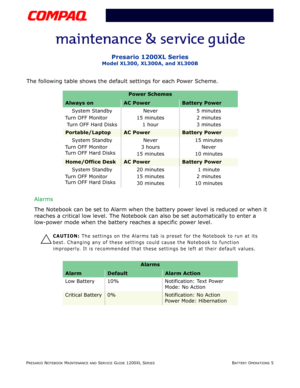 Page 32PRESARIO NOTEBOOK MAINTENANCE AND SERVICE GUIDE 1200XL SERIESBATTERY OPERATIONS 5
Presario 1200XL Series
Model XL300, XL300A, and XL300B
The following table shows the default settings for each Power Scheme.
Alarms
The Notebook can be set to Alarm when the battery power level is reduced or when it 
reaches a critical low level. The Notebook can also be set automatically to enter a 
low-power mode when the battery reaches a specific power level.
Ä
CAUTION: The settings on the Alarms tab is preset for the...