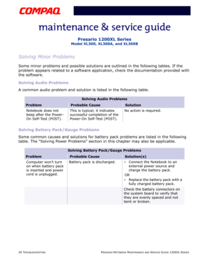 Page 5720 TROUBLESHOOTINGPRESARIO NOTEBOOK MAINTENANCE AND SERVICE GUIDE 1200XL SERIES
Presario 1200XL Series
Model XL300, XL300A, and XL300B
Solving Minor Problems
Some minor problems and possible solutions are outlined in the following tables. If the 
problem appears related to a software application, check the documentation provided with 
the software.
Solving Audio Problems
A common audio problem and solution is listed in the following table.
Solving Battery Pack/Gauge Problems
Some common causes and...