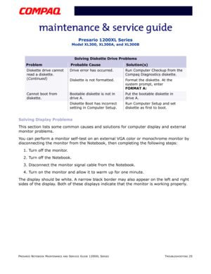 Page 62PRESARIO NOTEBOOK MAINTENANCE AND SERVICE GUIDE 1200XL SERIESTROUBLESHOOTING 25
Presario 1200XL Series
Model XL300, XL300A, and XL300B
Solving Display Problems
This section lists some common causes and solutions for computer display and external 
monitor problems.
You can perform a monitor self-test on an external VGA color or monochrome monitor by 
disconnecting the monitor from the Notebook, then completing the following steps:
1. Turn off the monitor.
2. Turn off the Notebook.
3. Disconnect the...