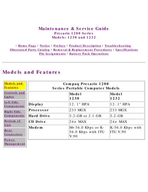 Page 11United States     January 3, 2003 
 
Maintenance & Service Guide
Presario 1200 Series
Models: 1230 and 1232 
 | Home Page | Notice | Preface | Product Description | Troubleshooting  
Illustrated Parts Catalog | Removal & Replacement Procedures | Specifications 
Pin Assignments | Battery Pack Operations
Models and Features
Models and 
Features
Controls and 
Lights
Left Side 
Components
Right Side 
Components
Bottom of 
Unit
Rear 
Connectors
Power 
Management
Compaq Presario 1200 
Series Portable Computer...