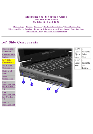 Page 13United States     January 3, 2003 
 
Maintenance & Service Guide
Presario 1200 Series
Models: 1230 and 1232 
 | Home Page | Notice | Preface | Product Description | Troubleshooting  
Illustrated Parts Catalog | Removal & Replacement Procedures | Specifications 
Pin Assignments | Battery Pack Operations
Left Side Components
Models and 
Features
Controls and 
Lights
Left Side 
Components
Right Side 
Components
Bottom of 
Unit
Rear 
Connectors
Power 
Management 
for Windows 
98
Power 
Management 
for...