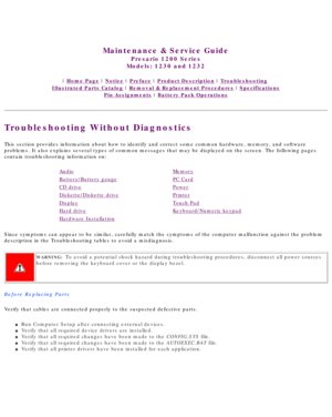 Page 25United States     January 3, 2003 
 
Maintenance & Service Guide
Presario 1200 Series
Models: 1230 and 1232 
 | Home Page | Notice | Preface | Product Description | Troubleshooting  
Illustrated Parts Catalog | Removal & Replacement Procedures | Specifications 
Pin Assignments | Battery Pack Operations
Troubleshooting Without Diagnostics
This section provides information about how to identify and correct some\
 common hardware, memory, and software 
problems. It also explains several types of common...