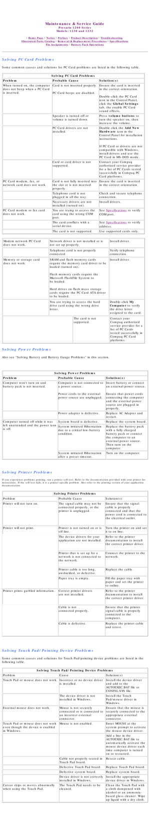 Page 27United States     January 3, 2003 
 
Maintenance & Service Guide
Presario 1200 Series
Models: 1230 and 1232 
 | Home Page | Notice | Preface | Product Description | Troubleshooting  
Illustrated Parts Catalog | Removal & Replacement Procedures | Specifications 
Pin Assignments | Battery Pack Operations
Solving PC Card Problems
Some common causes and solutions for PC Card problems are listed in the \
following table.
Solving PC Card Problems
Problem Probable CauseSolution(s)
When turned on, the computer...