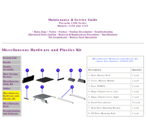 Page 34United States     January 3, 2003 
 
Maintenance & Service Guide
Presario 1200 Series
Models: 1230 and 1232 
 | Home Page | Notice | Preface | Product Description | Troubleshooting  
Illustrated Parts Catalog | Removal & Replacement Procedures | Specifications 
Pin Assignments | Battery Pack Operations
Miscellaneous Hardware and Plastics Kit
System Unit
Boards
Display 
Assembly
Mass Storage 
Devices
Miscellaneous 
Cable Kit
Cables
Miscellaneous 
Hardware and 
Plastics Kit
Miscellaneous 
Parts...