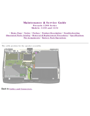 Page 44United States     January 3, 2003 
 
 
Maintenance & Service Guide
Presario 1200 Series
Models: 1230 and 1232 
 | Home Page | Notice | Preface | Product Description | Troubleshooting  
Illustrated Parts Catalog | Removal & Replacement Procedures | Specifications 
Pin Assignments | Battery Pack Operations
The cable position for the speaker assembly.
 
Back to Cables and Connectors. 
 
 
privacy statement
legal notices 