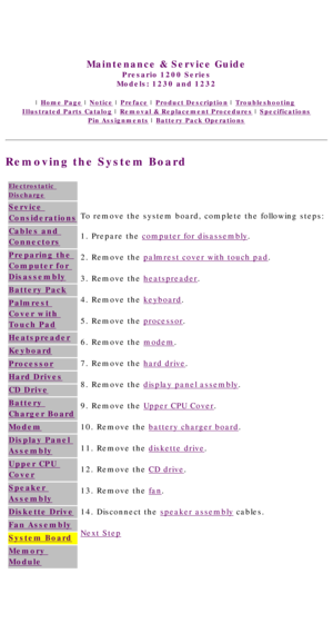 Page 75United States     January 3, 2003 
 
Maintenance & Service Guide
Presario 1200 Series
Models: 1230 and 1232 
 | Home Page | Notice | Preface | Product Description | Troubleshooting  
Illustrated Parts Catalog | Removal & Replacement Procedures | Specifications 
Pin Assignments | Battery Pack Operations
Removing the System Board
Electrostatic 
Discharge
Service 
Considerations
Cables and 
Connectors
Preparing the 
Computer for 
Disassembly
Battery Pack
Palmrest 
Cover with 
Touch Pad
Heatspreader...