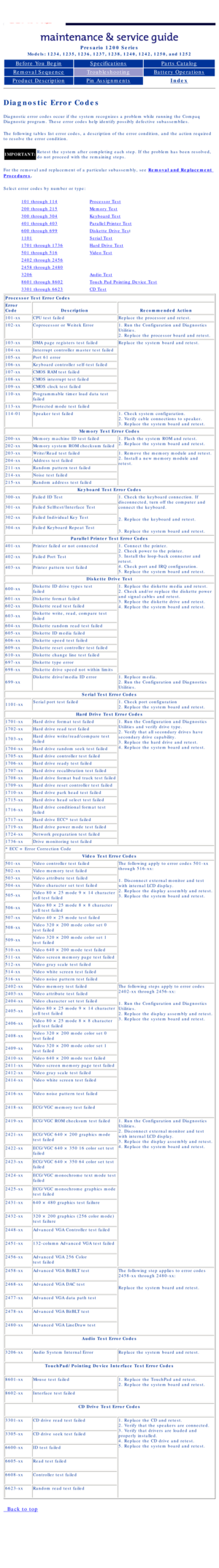 Page 16Compaq Presario Series Maintenance and Service Guide 
United States     December 6, 2002
Presario 1200 Series
Models: 1234, 1235, 1236, 1237, 1238, 1240, 1242, 1250, and 1252 
Before You BeginSpecificationsParts Catalog
Removal SequenceTroubleshootingBattery Operations
Product DescriptionPin AssignmentsIndex
Diagnostic Error Codes
Diagnostic error codes occur if the system recognizes a problem while ru\
nning the Compaq 
Diagnostic program. These error codes help identify possibly defective s\...