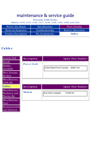 Page 30Compaq Presario Series Maintenance and Service Guide 
United States     December 6, 2002
Presario 1200 Series
Models: 1234, 1235, 1236, 1237, 1238, 1240, 1242, 1250, and 1252 
Before You BeginSpecificationsParts Catalog
Removal SequenceTroubleshootingBattery Operations
Product DescriptionPin AssignmentsIndex
 
Cables
System Unit
Boards
Display 
Assembly
Mass Storage 
Devices
Miscellaneous 
Cable Kit
Cables
Miscellaneous 
Hardware and 
Plastics Kit
Miscellaneous 
Parts
Documentation 
and...
