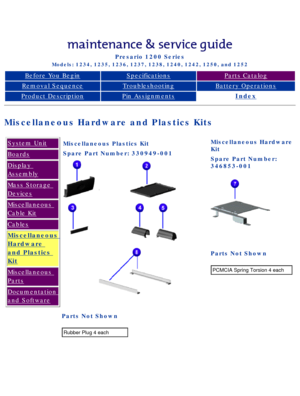 Page 31Compaq Presario Series Maintenance and Service Guide 
United States     December 6, 2002
Presario 1200 Series
Models: 1234, 1235, 1236, 1237, 1238, 1240, 1242, 1250, and 1252 
Before You BeginSpecificationsParts Catalog
Removal SequenceTroubleshootingBattery Operations
Product DescriptionPin AssignmentsIndex
Miscellaneous Hardware and Plastics Kits
System Unit
Boards
Display 
Assembly
Mass Storage 
Devices
Miscellaneous 
Cable Kit
Cables
Miscellaneous 
Hardware 
and Plastics 
Kit
Miscellaneous 
Parts...