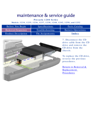 Page 57Compaq Presario Series Maintenance and Service Guide 
United States     December 6, 2002
Presario 1200 Series
Models: 1234, 1235, 1236, 1237, 1238, 1240, 1242, 1250, and 1252 
Before You BeginSpecificationsParts Catalog
Removal SequenceTroubleshootingBattery Operations
Product DescriptionPin AssignmentsIndex
7. Disconnect the CD 
drive cable from the CD 
drive and remove the 
CD drive from the 
chassis.
To replace the CD drive, 
reverse the previous 
procedures.
Return to Removal & 
Replacement...