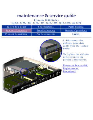 Page 69Compaq Presario Series Maintenance and Service Guide 
United States     December 6, 2002
Presario 1200 Series
Models: 1234, 1235, 1236, 1237, 1238, 1240, 1242, 1250, and 1252 
Before You BeginSpecificationsParts Catalog
Removal SequenceTroubleshootingBattery Operations
Product DescriptionPin AssignmentsIndex
8. Disconnect the 
diskette drive data 
cable from the system 
board.
To replace the diskette 
drive, reverse the 
previous procedures.
Return to Removal & 
Replacement 
Procedures 
 
 
privacy...