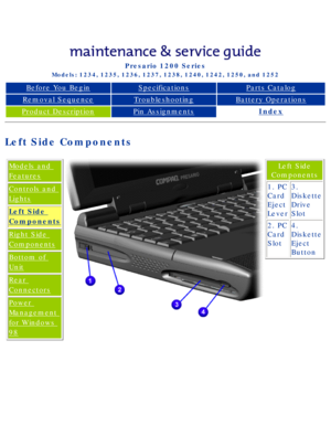 Page 8Compaq Presario Series Maintenance and Service Guide 
United States     December 6, 2002
Presario 1200 Series
Models: 1234, 1235, 1236, 1237, 1238, 1240, 1242, 1250, and 1252 
Before You BeginSpecificationsParts Catalog
Removal SequenceTroubleshootingBattery Operations
Product DescriptionPin AssignmentsIndex
Left Side Components
Models and 
Features
Controls and 
Lights
Left Side 
Components
Right Side 
Components
Bottom of 
Unit
Rear 
Connectors
Power 
Management 
for Windows 
98
Left Side 
Components...