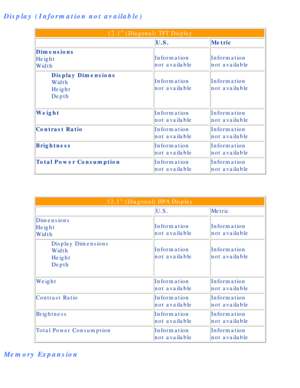 Page 85Compaq Presario Series Maintenance and Service Guide 
Display (Information not available)
12.1 (Diagonal) TFT Display
  U.S.
Metric
Dimensions
Height 
Width  Information 
not available
Information 
not available
Display Dimensions
Width
Height
Depth Information 
not available
Information 
not available
Weight Information 
not availableInformation 
not available
Contrast Ratio Information 
not availableInformation 
not available
Brightness Information 
not availableInformation 
not available
Total Power...