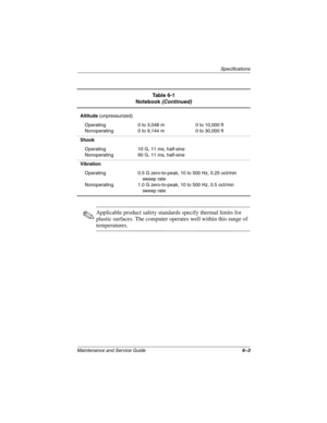 Page 155Specifications
Maintenance and Service Guide6–3
✎Applicable product safety standards specify thermal limits for 
plastic surfaces. The computer operates well within this range of 
temperatures.
Altitude (unpressurized)
Operating
Nonoperating0 to 3,048 m
0 to 9,144 m0 to 10,000 ft
0 to 30,000 ft
Shock
Operating
Nonoperating10 G, 11 ms, half-sine
60 G, 11 ms, half-sine
Vibration
Operating
Nonoperating0.5 G zero-to-peak, 10 to 500 Hz, 0.25 oct/min 
sweep rate
1.0 G zero-to-peak, 10 to 500 Hz, 0.5 oct/min...