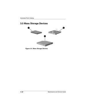 Page 833–20Maintenance and Service Guide
Illustrated Parts Catalog
3.5 Mass Storage Devices
Figure 3-5. Mass Storage Devices
279372-001.book  Page 20  Friday, July 19, 2002  11:50 AM 