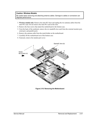 Page 65 
Caution: Wireless Models 
Be careful when removing and attaching antenna cables. Damage to cables or connectors can 
degrade performance. 
 
Wireless models only: Remove the mini-PCI door and unplug the two antenna cables from the 
mini-PCI card. Do not remove the mini-PCI card at this time. 
3. 
4. 
5. 
6. 
7. 
8. 
Remove the four screws that attach the motherboard to the bottom case. 
From the back of the notebook, remove the six standoffs (two each from the external monitor port, 
serial port, and...