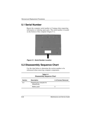 Page 805–2Maintenance and Service Guide
Removal and Replacement Procedures
5.1 Serial Number
Report the computer serial number to Compaq when requesting 
information or ordering spare parts. The serial number is located 
on the bottom of the computer (Figure 5-1).
Figure 5-1. Serial Number Location
5.2 Disassembly Sequence Chart
Use the chart below to determine the section number to be 
referenced when removing computer components.
Ta b l e  5 - 1
Disassembly Sequence Chart
Section Description # of Screws...