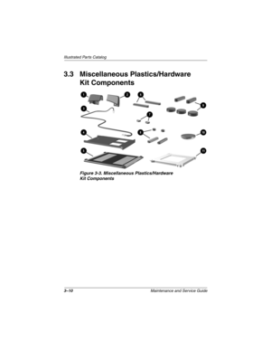 Page 683–10Maintenance and Service Guide
Illustrated Parts Catalog
3.3 Miscellaneous Plastics/Hardware 
Kit Components
Figure 3-3. Miscellaneous Plastics/Hardware 
Kit Components
307503-002.book  Page 10  Thursday, January 30, 2003  1:04 PM 