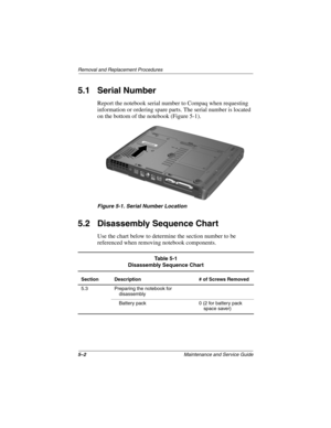 Page 805–2Maintenance and Service Guide
Removal and Replacement Procedures
5.1 Serial Number
Report the notebook serial number to Compaq when requesting 
information or ordering spare parts. The serial number is located 
on the bottom of the notebook (Figure 5-1).
Figure 5-1. Serial Number Location
5.2 Disassembly Sequence Chart
Use the chart below to determine the section number to be 
referenced when removing notebook components.
Table 5-1
Disassembly Sequence Chart
Section Description # of Screws Removed
5.3...