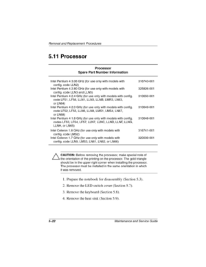 Page 1005–22Maintenance and Service Guide
Removal and Replacement Procedures
5.11 Processor
Ä
CAUTION: Before removing the processor, make special note of 
the orientation of the printing on the processor. The gold triangle 
should be in the upper right corner when installing the processor. 
The processor must be installed in the same orientation in which 
it was removed.
1. Prepare the notebook for disassembly (Section 5.3).
2. Remove the LED switch cover (Section 5.7).
3. Remove the keyboard (Section 5.8).
4....