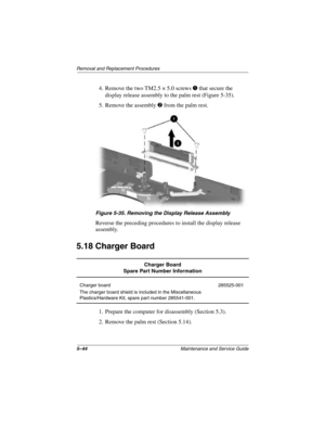 Page 1225–44Maintenance and Service Guide
Removal and Replacement Procedures
4. Remove the two TM2.5 × 5.0 screws 1 that secure the 
display release assembly to the palm rest (Figure 5-35).
5. Remove the assembly 
2 from the palm rest.
Figure 5-35. Removing the Display Release Assembly
Reverse the preceding procedures to install the display release 
assembly.
5.18 Charger Board
1. Prepare the computer for disassembly (Section 5.3).
2. Remove the palm rest (Section 5.14).
Charger Board
Spare Part Number...