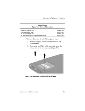 Page 85Removal and Replacement Procedures
Maintenance and Service Guide5–7
5. Remove the optical drive by following these steps:
a. Turn the computer bottom side up with the left side 
facing forward.
b. Remove the two TM2.5 × 5.0 screws that secure the 
optical drive to the base enclosure (Figure 5-4).
Figure 5-4. Removing the Optical Drive Screws
Optical Drives
Spare Part Number Information
24X Max CD-ROM drive
16X Max CD-RW drive
8X Max DVD-ROM drive
8X Max DVD-ROM/CD-RW combination drive285526-001...