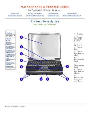 Page 40MAINTENANCE & SERVICE GUIDE
for Prosignia 150 Series Computer
Index PagePreface -or- NoticeSpecificationsBattery Pack
Product DescriptionIllustrated Parts CatalogTroubleshootingRemoval & Replacement
Product Description
Features & Controls
*
>Models
>Features & 
Controls
>Front
Bezel
Buttons
>Front
Bezel Lights
>Left Side
Components
>Right side
Components
>Bottom of
Unit
>Rear
Connectors
>Power
Managing
*
   
1. Display 
2. Power 
(On/Off) 
Button 
3. 
Keyboard 
4. Touch 
Pad 
5. Touch 
Pad Button 
(Left)...
