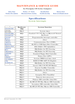 Page 75MAINTENANCE & SERVICE GUIDE
for Prosignia 150 Series Computer
Index PagePreface -or- NoticeSpecificationsBattery Pack
Product DescriptionIllustrated Parts CatalogTroubleshootingRemoval & Replacement
Specifications
System Interrupts
*
>System Unit
>System 
Interrupts
>System DMA
>System I/O
>System
Memory
>Display
>Memory
Expansion
>Battery Pack
>Diskette
Drive
>Hard Drives
>CD/DVD
Drives
>Modem
>AC Adapter
>Pin
Assignments
*
Hardware
IRQSystem Function
IRQ 0System timer
IRQ1Standard 101/102-Key or...