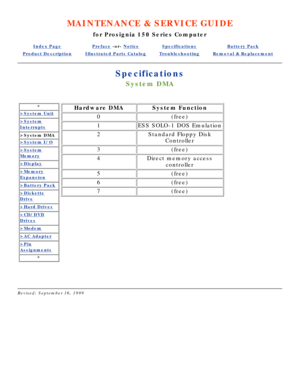 Page 76MAINTENANCE & SERVICE GUIDE
for Prosignia 150 Series Computer
Index PagePreface -or- NoticeSpecificationsBattery Pack
Product DescriptionIllustrated Parts CatalogTroubleshootingRemoval & Replacement
Specifications
System DMA
*
>System Unit
>System
Interrupts
>System DMA
>System I/O
>System
Memory
>Display
>Memory
Expansion
>Battery Pack
>Diskette
Drive
>Hard Drives
>CD/DVD
Drives
>Modem
>AC Adapter
>Pin
Assignments
*
Hardware DMASystem Function
0(free)
1ESS SOLO-1 DOS Emulation
2Standard Floppy Disk...