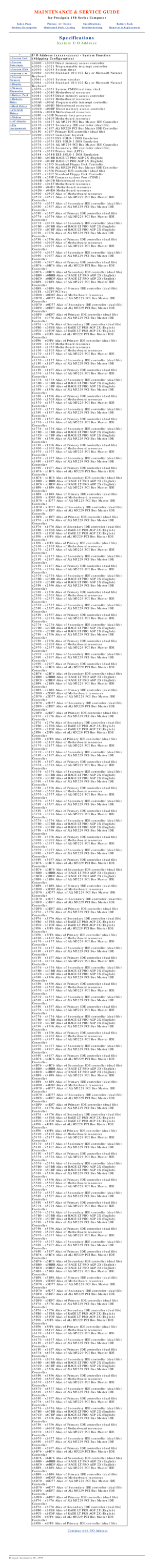 Page 77MAINTENANCE & SERVICE GUIDE
for Prosignia 150 Series Computer
Index PagePreface -or- NoticeSpecificationsBattery Pack
Product DescriptionIllustrated Parts CatalogTroubleshootingRemoval & Replacement
Specifications
System I/O Address
*
>System Unit
>System
Interrupts
>System DMA
>System I/O
>System
Memory
>Display
>Memory
Expansion
>Battery Pack
>Diskette
Drive
>Hard Drives
>CD/DVD
Drives
>Modem
>AC Adapter
>Pin
Assignments
*
I/O Address (xxxxx-xxxxx) - System Function 
(Shipping Configuration)
x0000 -...