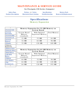 Page 80MAINTENANCE & SERVICE GUIDE
for Prosignia 150 Series Computer
Index PagePreface -or- NoticeSpecificationsBattery Pack
Product DescriptionIllustrated Parts CatalogTroubleshootingRemoval & Replacement
Specifications
Memory Expansion
*
>System Unit
>System
Interrupts
>System DMA
>System I/O
>System
Memory
>Display
>Memory 
Expansion
>Battery Pack
>Diskette Drive
>Hard Drives
>CD/DVD
Drives
>Modem
>AC Adapter
>Pin
Assignments
*
  
 
Memory Expansion for 32-MB Memory on
System Board
System BoardMemory...