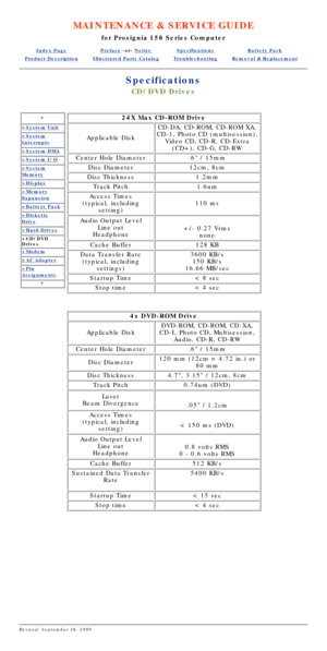 Page 84MAINTENANCE & SERVICE GUIDE
for Prosignia 150 Series Computer
Index PagePreface -or- NoticeSpecificationsBattery Pack
Product DescriptionIllustrated Parts CatalogTroubleshootingRemoval & Replacement
Specifications
CD/DVD Drives
*
>System Unit
>System
Interrupts
>System DMA
>System I/O
>System
Memory
>Display
>Memory
Expansion
>Battery Pack
>Diskette
Drive
>Hard Drives
>CD/DVD 
Drives
>Modem
>AC Adapter
>Pin
Assignments
*
24X Max CD-ROM Drive
Applicable Disk
CD-DA, CD-ROM, CD-ROM XA,
CD-1, Photo CD...