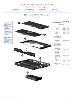 Page 90MAINTENANCE & SERVICE GUIDE
for Prosignia 150 Series Computer
Index PagePreface -or- NoticeSpecificationsBattery Pack
Product DescriptionIllustrated Parts CatalogTroubleshootingRemoval & Replacement
Illustrated Parts Catalog
System Unit
*
>System Unit
>Mass Storage
Devices
>Board
Components
>Cable Kit
>Hardware Kit
>Plastics Kit
>Display
Assembly
>Miscellaneous
Parts
>Documentation
& Software
*
 
Description Spare Part
Number
1 Keyboard
US
Intl UK
France Japan 134092-001 
134092-002 
134092-031...