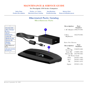 Page 97MAINTENANCE & SERVICE GUIDE
for Prosignia 150 Series Computer
Index PagePreface -or- NoticeSpecificationsBattery Pack
Product DescriptionIllustrated Parts CatalogTroubleshootingRemoval & Replacement
Illustrated Parts Catalog
Miscellaneous Parts
*
>System Unit
>Mass Storage
Devices
>Board
Components
>Cable Kit
>Hardware Kit
>Plastics Kit
>Display
Assembly
>Miscellaneous 
Parts
>Documentation
& Software
*
 Description Part
Number
1 AC Adapter 298239-001
2 Port 
Replicator 102270-001
Parts Not Shown:...