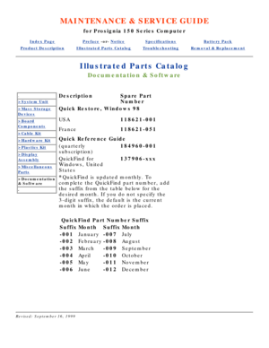Page 98MAINTENANCE & SERVICE GUIDE
for Prosignia 150 Series Computer
Index PagePreface -or- NoticeSpecificationsBattery Pack
Product DescriptionIllustrated Parts CatalogTroubleshootingRemoval & Replacement
Illustrated Parts Catalog
Documentation & Software
.
>System Unit
>Mass Storage
Devices
>Board
Components
>Cable Kit
>Hardware Kit
>Plastics Kit
>Display
Assembly
>Miscellaneous
Parts
>Documentation 
& Software
.
  
  
  
  
  
  
  
 
Description Spare Part 
Number
Quick Restore, Windows 98 
USA 118621-001...