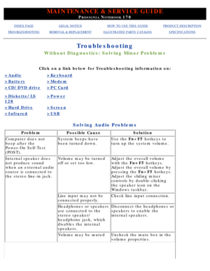 Page 109MAINTENANCE & SERVICE GUIDE
PROSIGNIA NOTEBOOK 170
INDEX PAGELEGAL NOTICEHOW TO USE THIS GUIDEPRODUCT DESCRIPTION
TROUBLESHOOTINGREMOVAL & REPLACEMENTILLUSTRATED PARTS CATALOGSPECIFICATIONS
Troubleshooting
Without Diagnostics: Solving Minor Problems
Click on a link below for Troubleshooting information on:
>Audio>Keyboard
>Battery>Modem
>CD/DVD drive>PC Card
>Diskette/LS
120
>Power
>Hard Drive>Screen
>Infrared>USB
Solving Audio Problems
ProblemPossible CauseSolution
Computer does not 
beep after the...
