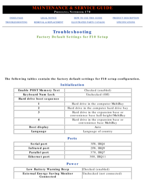 Page 124MAINTENANCE & SERVICE GUIDE
PROSIGNIA NOTEBOOK 170
INDEX PAGELEGAL NOTICEHOW TO USE THIS GUIDEPRODUCT DESCRIPTION
TROUBLESHOOTINGREMOVAL & REPLACEMENTILLUSTRATED PARTS CATALOGSPECIFICATIONS
Troubleshooting
Factory Default Settings for F10 Setup
The following tables contain the factory default settings for F10 setup \
configuration.
Initialization
Enable POST Memory TestChecked (enabled)
Keyboard Num LockUnchecked (Off)
Hard drive boot sequence 
1Hard drive in the computer MultiBay
2Hard drive in the...