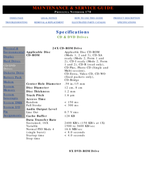 Page 14MAINTENANCE & SERVICE GUIDE
PROSIGNIA NOTEBOOK 170
INDEX PAGELEGAL NOTICEHOW TO USE THIS GUIDEPRODUCT DESCRIPTION
TROUBLESHOOTINGREMOVAL & REPLACEMENTILLUSTRATED PARTS CATALOGSPECIFICATIONS
Specifications
CD & DVD Drives
Physical &
Environmental
Display
Hard Drives
CD/DVD 
Drives
Diskette Drive
Battery Pack
Modem
System
Memory
System
Interrupts
System DMA
System I/O
Pin
Assignments
24X CD-ROM Drive
Applicable Disc 
CD-ROMApplicable Disc CD-ROM 
(Mode 1, 2 and 3), CD-XA 
ready (Mode 2, Form 1 and 
2),...