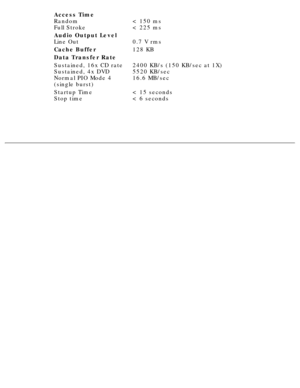 Page 16Access Time 
Random 
Full Stroke
< 150 ms 
< 225 ms
Audio Output Level 
Line Out
0.7 V rms
Cache Buffer128 KB
Data Transfer Rate
Sustained, 16x CD rate 
Sustained, 4x DVD 
Normal PIO Mode 4 
(single burst)2400 KB/s (150 KB/sec at 1X) 
5520 KB/sec 
16.6 MB/sec
Startup Time 
Stop time< 15 seconds 
< 6 seconds
 
  