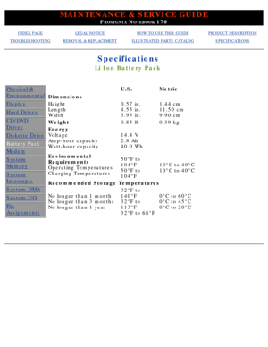 Page 18MAINTENANCE & SERVICE GUIDE
PROSIGNIA NOTEBOOK 170
INDEX PAGELEGAL NOTICEHOW TO USE THIS GUIDEPRODUCT DESCRIPTION
TROUBLESHOOTINGREMOVAL & REPLACEMENTILLUSTRATED PARTS CATALOGSPECIFICATIONS
Specifications
Li Ion Battery Pack
Physical &
Environmental
Display
Hard Drives
CD/DVD
Drives
Diskette Drive
Battery Pack
Modem
System
Memory
System
Interrupts
System DMA
System I/O
Pin
Assignments
 U.S.Metric
Dimensions
Height 
Length
Width0.57 in. 
4.55 in.
3.93 in.1.44 cm 
11.50 cm
9.90 cm
Weight0.85 lb0.39 kg...