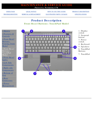 Page 34MAINTENANCE & SERVICE GUIDE
PROSIGNIA NOTEBOOK 170
INDEX PAGELEGAL NOTICEHOW TO USE THIS GUIDEPRODUCT DESCRIPTION
TROUBLESHOOTINGREMOVAL & REPLACEMENTILLUSTRATED PARTS CATALOGSPECIFICATIONS
Product Description
Front Bezel Buttons: TouchPad Model
>Models
>Features &
Controls
>Front Bezel
Buttons:
Pointing Stick
Model
>Front Bezel 
Buttons: 
TouchPad 
Model
>Front Bezel
Lights
>Left Side
Components
>Right side
Components
>Bottom of
Unit
>Rear
Connectors
>Power
Management
 
1. Display 
switch 
2. Suspend...