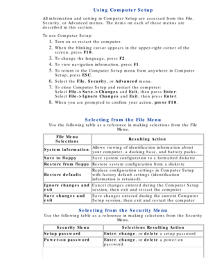 Page 106Using Computer Setup
All information and setting in Computer Setup are accessed from the File\
, 
Security, or Advanced menus. The items on each of these menus are 
described in this section. 
To use Computer Setup:Turn on or restart the computer.
1.  
When the blinking cursor appears in the upper-right corner of the 
screen, press  F10.2.  
To change the language,  press  F2.3.  
To view navigation information, press  F1.4.  
To return to the Computer Setup menu from anywhere in Computer 
Setup, press...