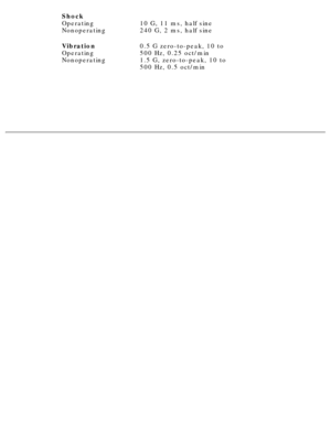 Page 12Shock 
Operating 
Nonoperating
10 G, 11 ms, half sine 
240 G, 2 ms, half sine
Vibration 
Operating 
Nonoperating0.5 G zero-to-peak, 10 to 
500 Hz, 0.25 oct/min 
1.5 G, zero-to-peak, 10 to 
500 Hz, 0.5 oct/min
  