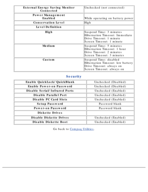 Page 129External Energy Saving MonitorConnectedUnchecked (not connected)
Power ManagementEnabled
While operating on battery power
Conservation LevelHigh
Level Definition 
HighSuspend Time: 3 minutes 
Hibernation Timeout: Immediate 
Drive Timeout: 1 minute 
Screen Timeout: 1 minute
MediumSuspend Time: 5 minutes 
Hibernation Timeout: 1 hour 
Drive Timeout: 2 minutes 
Screen Timeout: 3 minutes
CustomSuspend Time: disabled 
Hibernation Timeout: low battery 
Drive Timeout: always on 
Screen Timeout: always on...